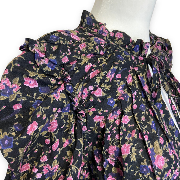 Free People Meant To Be Tie-Neck Blouse in Black Floral Top Long Sleeve - Picture 9 of 13